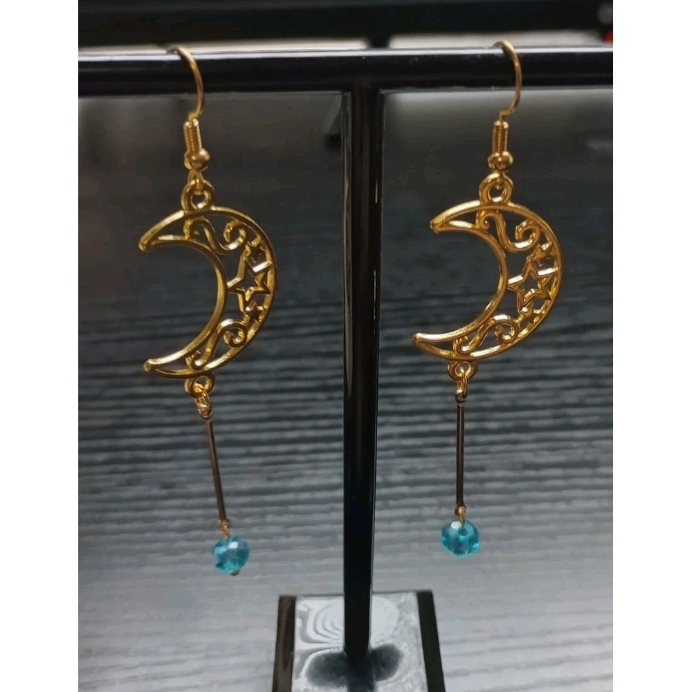Gold Tone Crescent Moon Star Dangle Earrings Blue Bead Celestial Boho